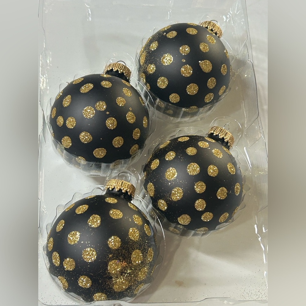 Krebs Christmas Ornament Set 4 Glittery Gold Polka Dots Black Glass Balls